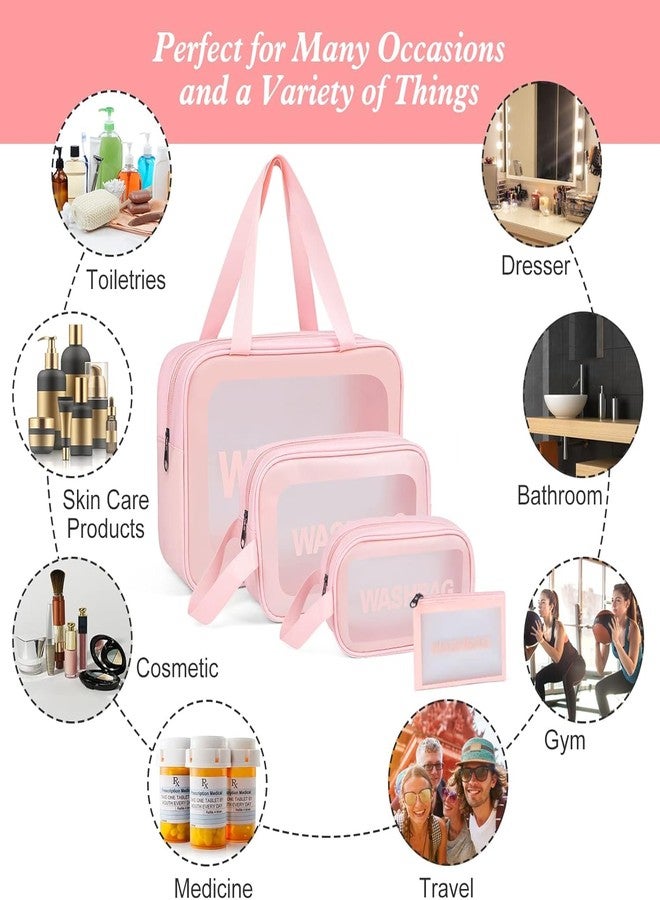 ECHSRT ECSHRT Travel Toiletry Bags for Women, Pack-4 Different Size Wash Bags with Handle, Large Capacity Translucent Waterproof Travel Cosmetic Bags Wash Bag Makeup Bag (Pink Wash Bag) - Image 5